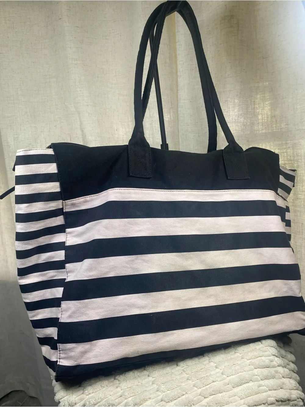 Victoria’s Secret Pink Black Striped Weekender Tote Bag Large Canvas Getaway
